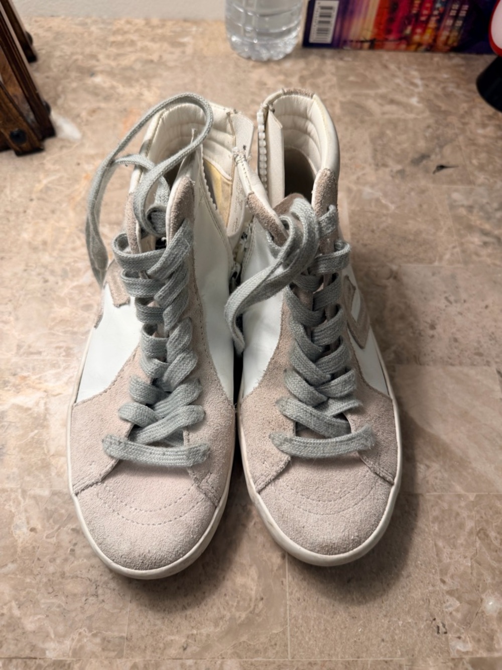 Sam Edelman Two-Tone High-Top Sneakers in Light Gray and Cream